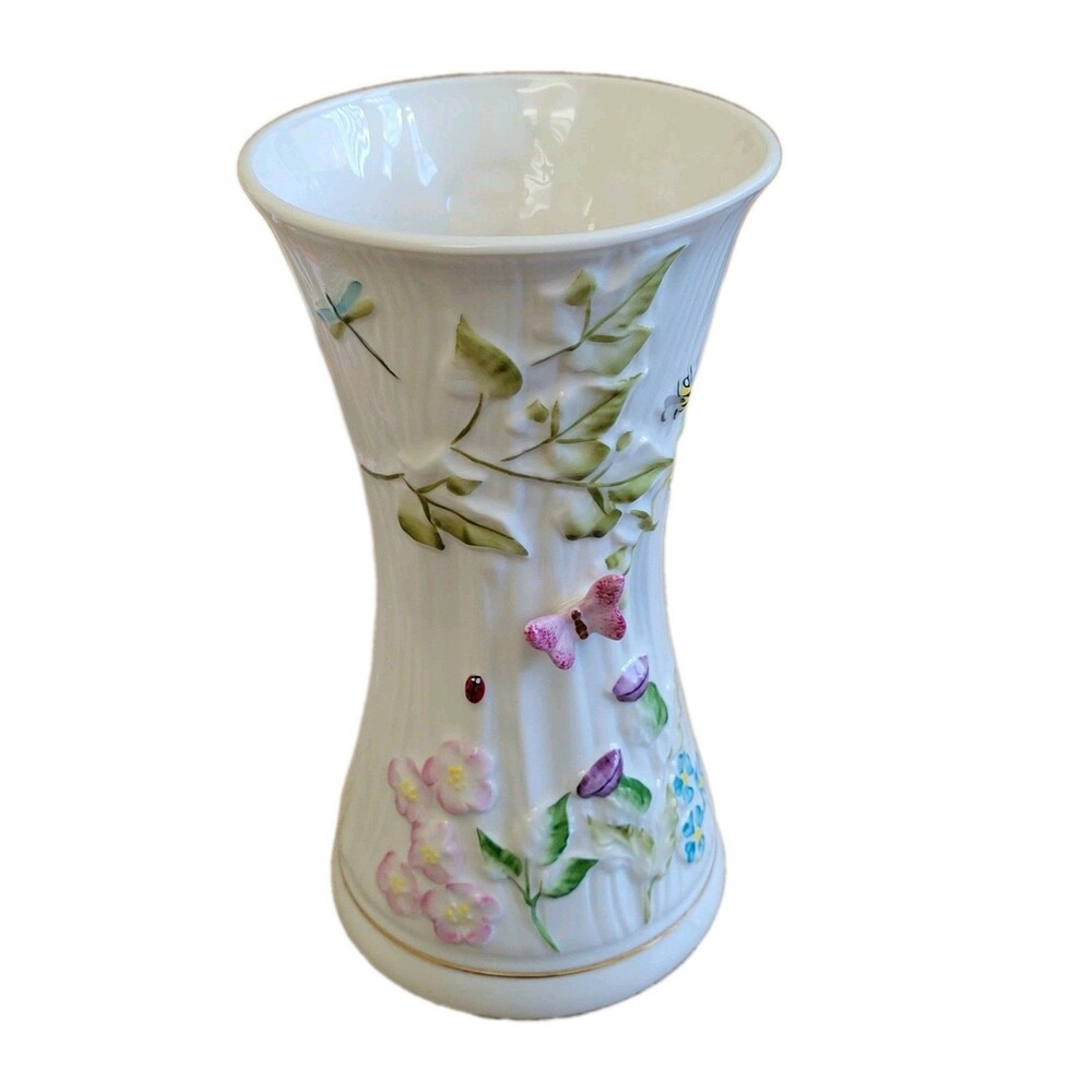 BELLEEK Ireland Sping time vase 8in Tall Dragonfly Ladybug Bee Butterfly Flowers